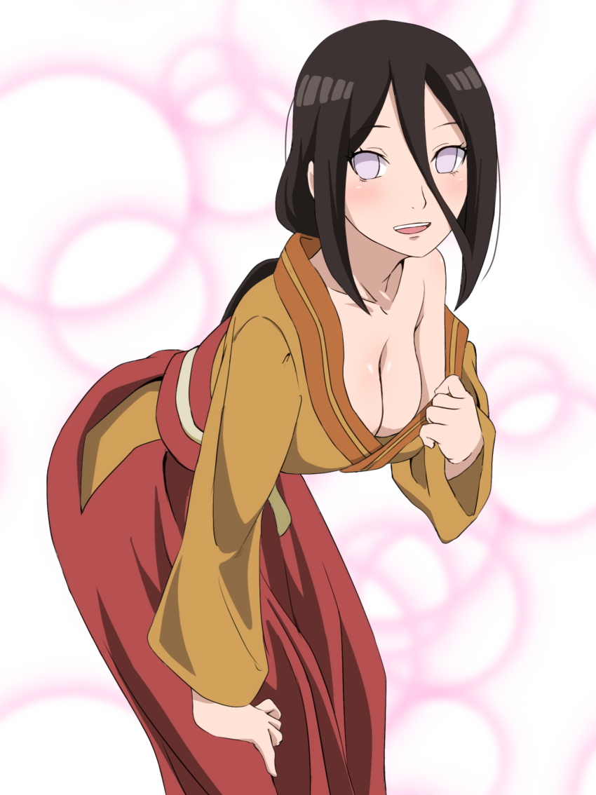 1girl, absurdres, black_hair, blush, boruto:_naruto_next_generations, breasts, cleavage, hakama, hakama_pants, hand_on_own_knee, highres, hugimosi, hyuuga_hanabi, japanese_clothes, leaning_forward, long_hair, looking_at_viewer, medium_breasts, naruto_(series), no_pupils, off_shoulder, pants, purple_eyes, self_exposure, smile, solo, wide_sleeves