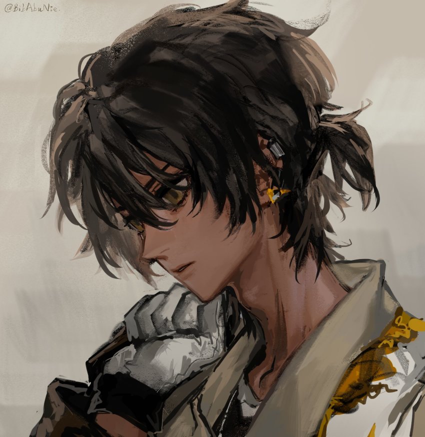 1boy, arknights, bibabunie, black_hair, dark-skinned_male, dark_skin, ear_piercing, earclip