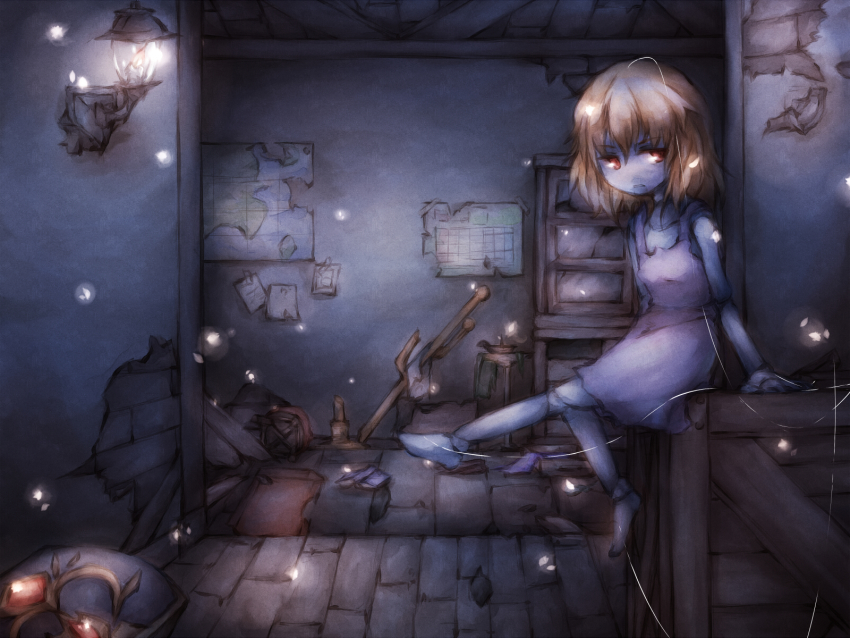 1girl, barefoot, blonde_hair, book, box, calendar_(object), candle, chair