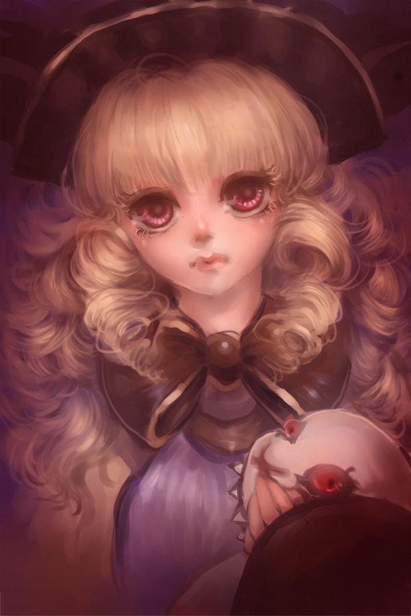 1girl, x_mouth, black_bow, black_bowtie, blonde_hair, bow, bowtie, closed_mouth