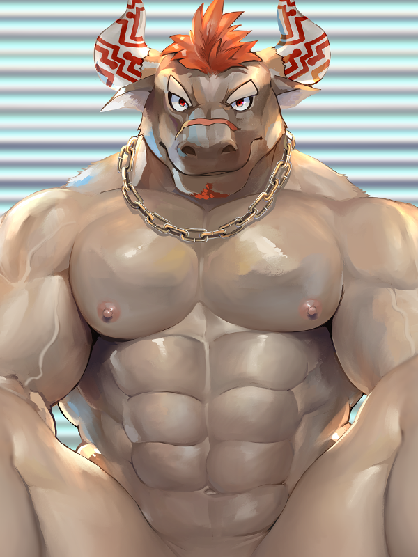 1boy, abs, animal_ears, bara, brown_fur, chain, chain_necklace, completely_nude