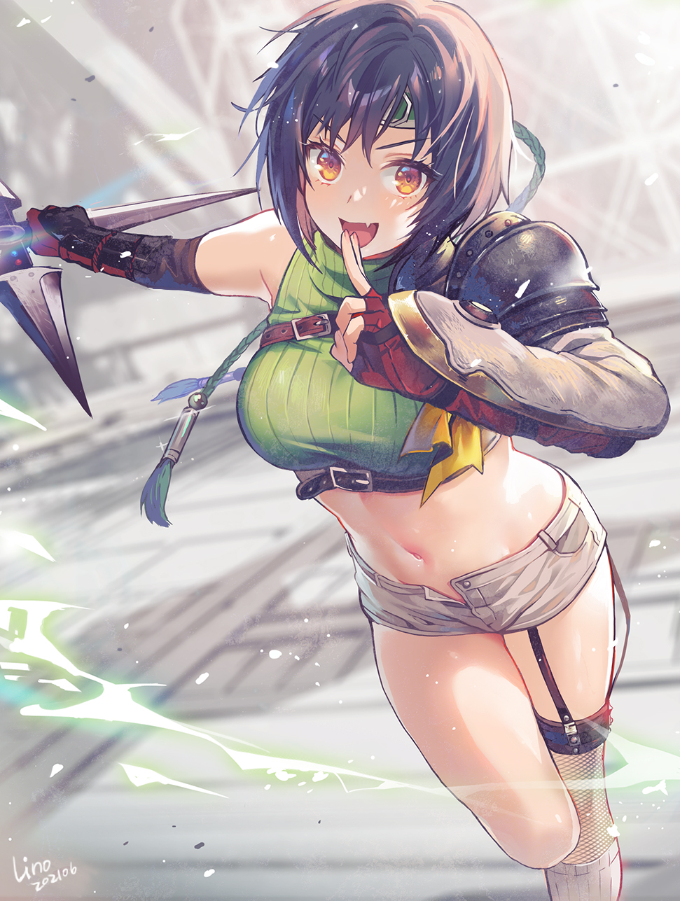 1girl, :d, armor, bare_shoulders, black_hair, breasts, crop_top, fang
