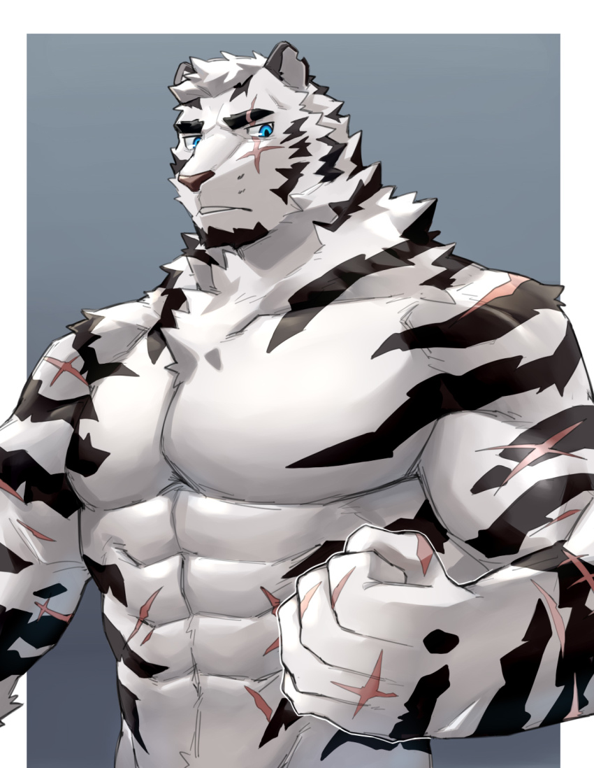 1boy, abs, animal_ears, arknights, bara, chest_hair, completely_nude, fluffy