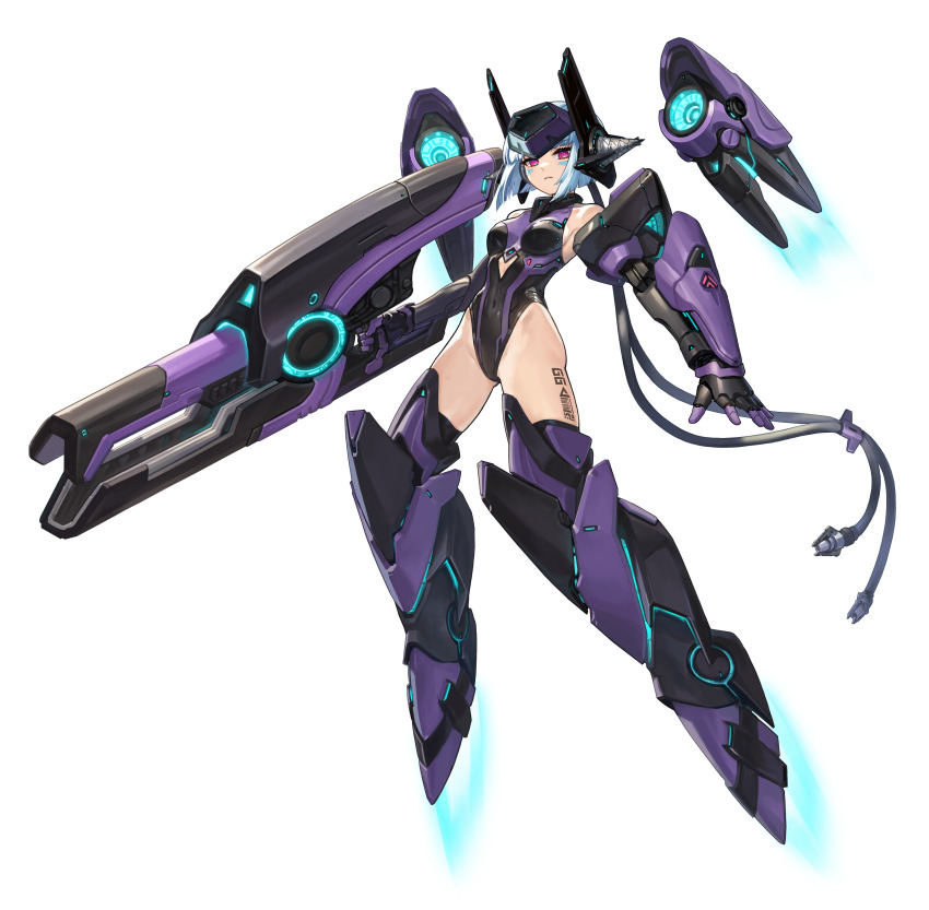 absurdres, android, android_mk.99, barcode_tattoo, binoculars, blue_hair, energy_gun, full_body