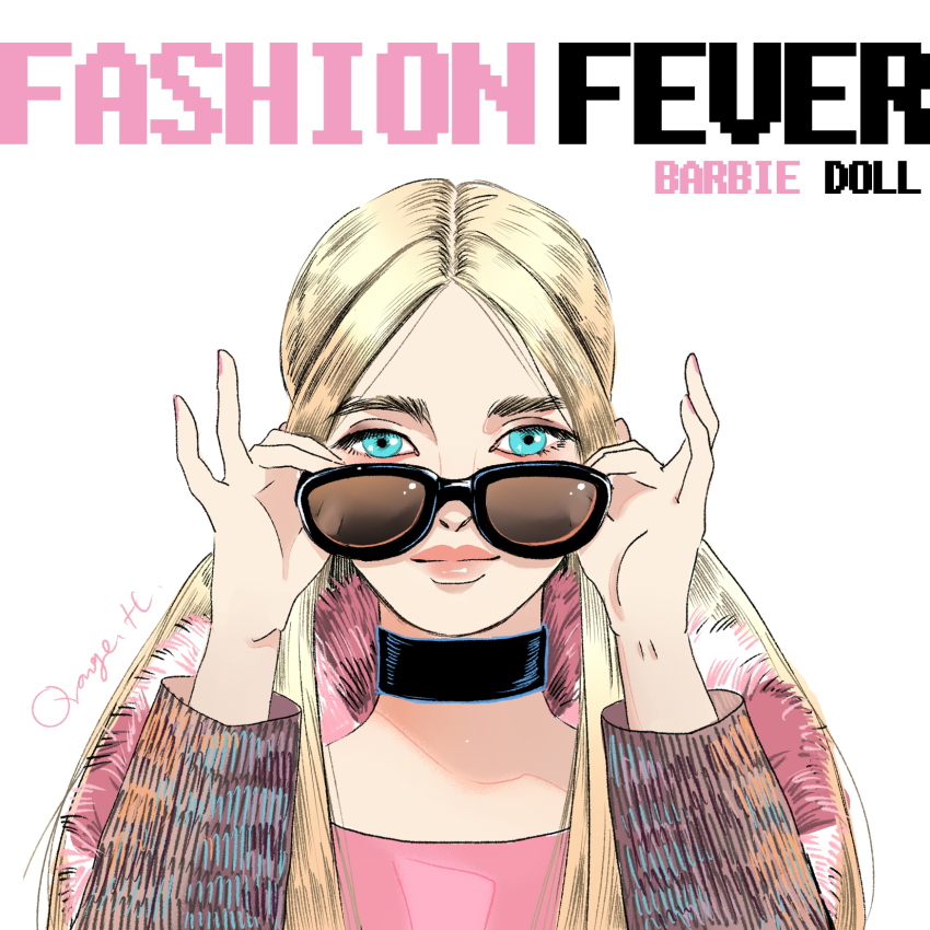 1girl, aqua_eyes, barbie_(character), barbie_(franchise), black_choker, blonde_hair, blue_eyes, character_name