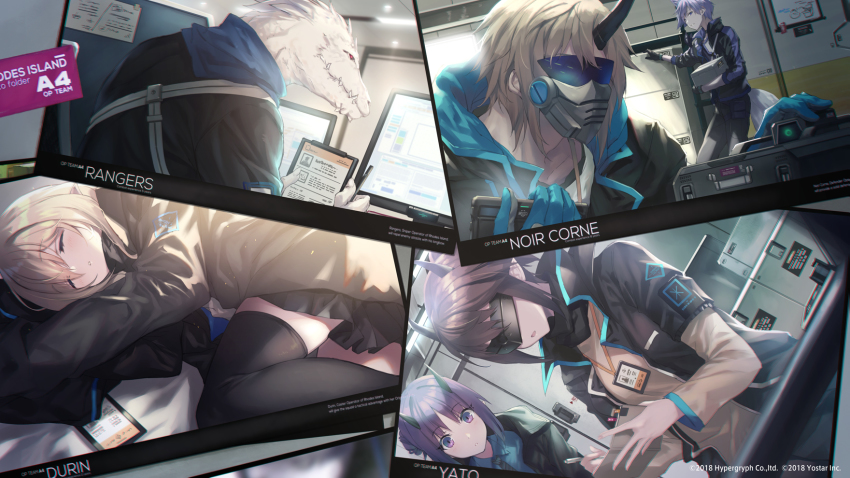 3boys, 3girls, animal_ears, arknights, black_hair, blindfold_mask, blonde_hair, box