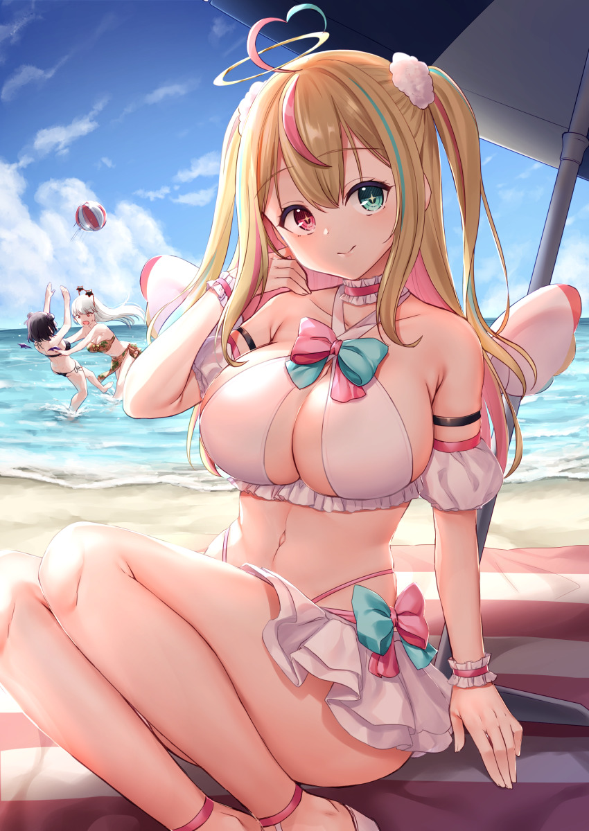 3girls, absurdres, ahoge, arm_strap, ball, bare_shoulders, beach, beach_umbrella, beachball, bikini, bikini_skirt, blonde_hair, breasts, choker, cleavage, commentary_request, criss-cross_halter, detached_sleeves, frilled_choker, frills, green_eyes, halo, halterneck, hand_up, highres, indie_virtual_youtuber, kurusu_raia, large_breasts, long_hair, looking_at_viewer, multicolored_hair, multiple_girls, nanairo_yabami, navel, ocean, outdoors, red_eyes, sitting, smile, solo_focus, stomach, streaked_hair, sunlight, swimsuit, thighs, two_side_up, umbrella, virtual_youtuber, wakuta_chisaki, water, white_bikini, yumekana_lua