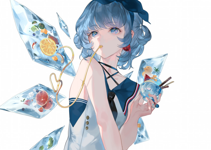 1girl, bare_shoulders, blue_dress, blue_eyes, blue_hair, cirno, dress, drinking_straw, food, frozen_fruit, fruit, highres, ice, ice_cream, ice_wings, looking_afar, reeh_(yukuri130), short_hair, simple_background, solo, touhou, two_side_up, white_background, wings