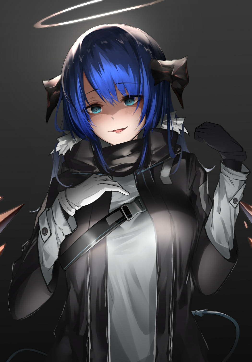 1girl, arknights, asymmetrical_gloves, black_background, black_gloves, black_jacket, blue_eyes, blue_hair