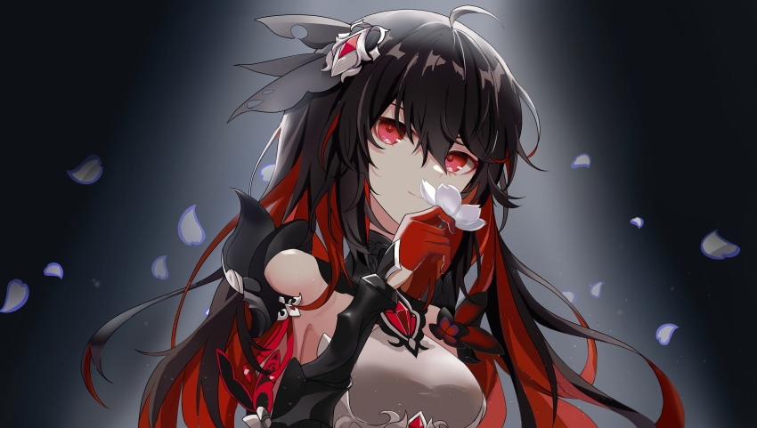1girl, absurdres, black_background, closed_mouth, flower, gloves, unworn_gloves, hair_between_eyes