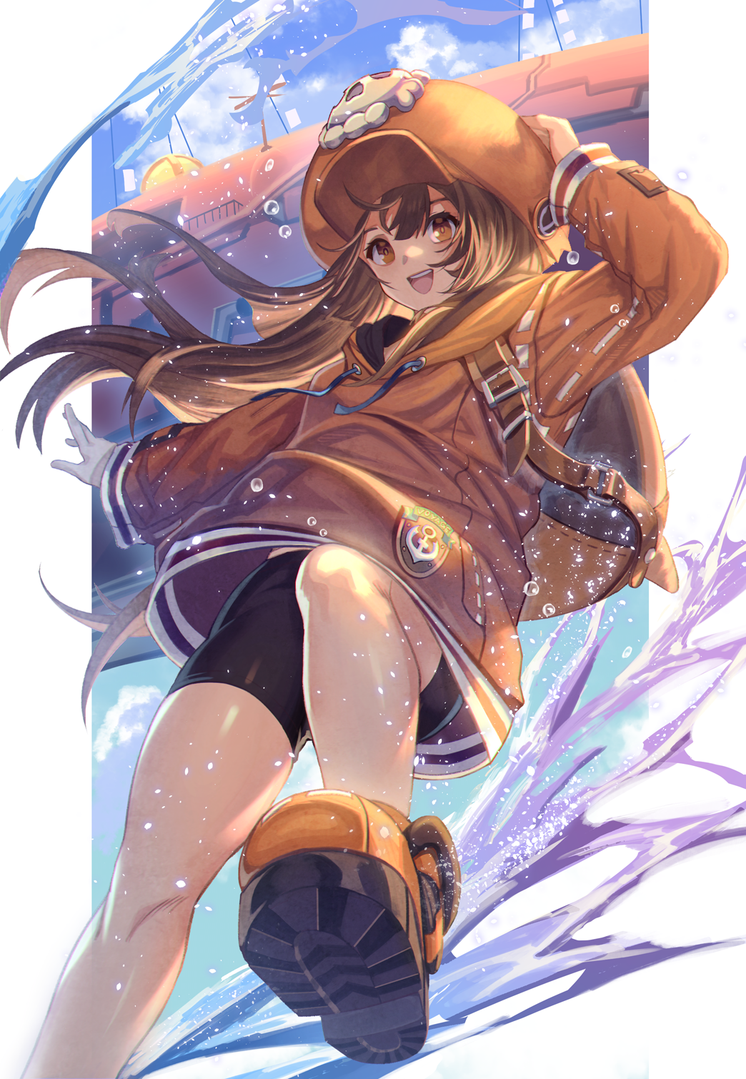1girl, backpack, bag, brown_eyes, brown_hair, bubble, guilty_gear, guilty_gear_strive, highres, hood, hoodie, long_hair, may_(guilty_gear), open_mouth, orange_headwear, orange_hoodie, shimomura_watari, shorts, skull_and_crossbones, sky, smile