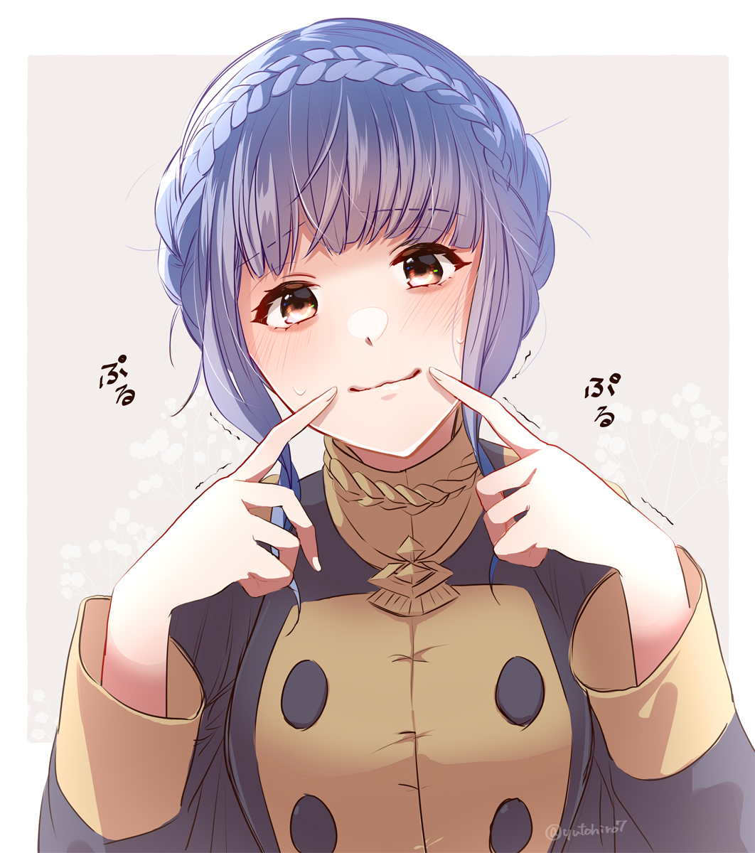 1girl, blue_hair, blunt_bangs, blush, braid, breasts, brown_eyes, buttons
