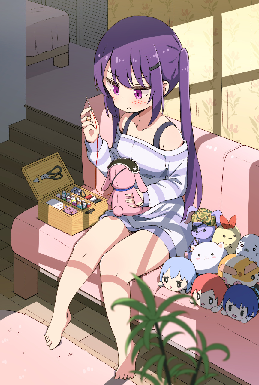 :<, bare_shoulders, barefoot, character_request, collarbone, floral_print, gochuumon_wa_usagi_desu_ka?, goma-chan