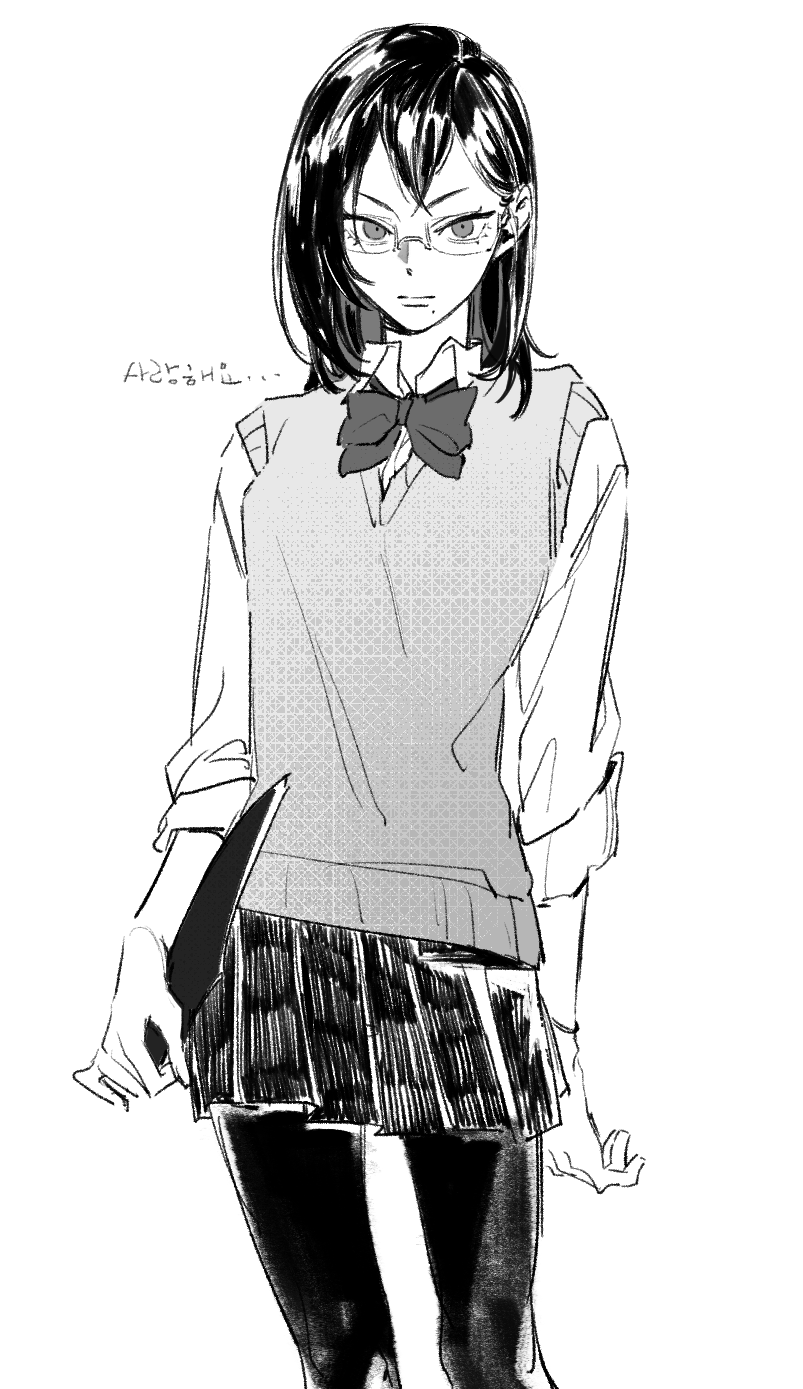 1girl, bow, bowtie, clipboard, closed_mouth, collared_shirt, cowboy_shot, expressionless, eyebrows, eyelashes, greyscale, haikyuu!!, highres, holding, holding_clipboard, looking_at_viewer, medium_hair, monochrome, pantyhose, pleated_skirt, rimless_eyewear, school_uniform, sh0mew0r38kso, shimizu_kiyoko, shirt, simple_background, skirt, sleeves_rolled_up, solo, standing, sweater_vest