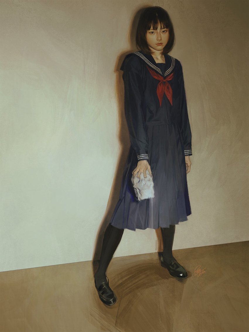 1girl, black_pantyhose, black_shoes, blue_serafuku, blue_skirt, brown_eyes, collarbone, east_asian