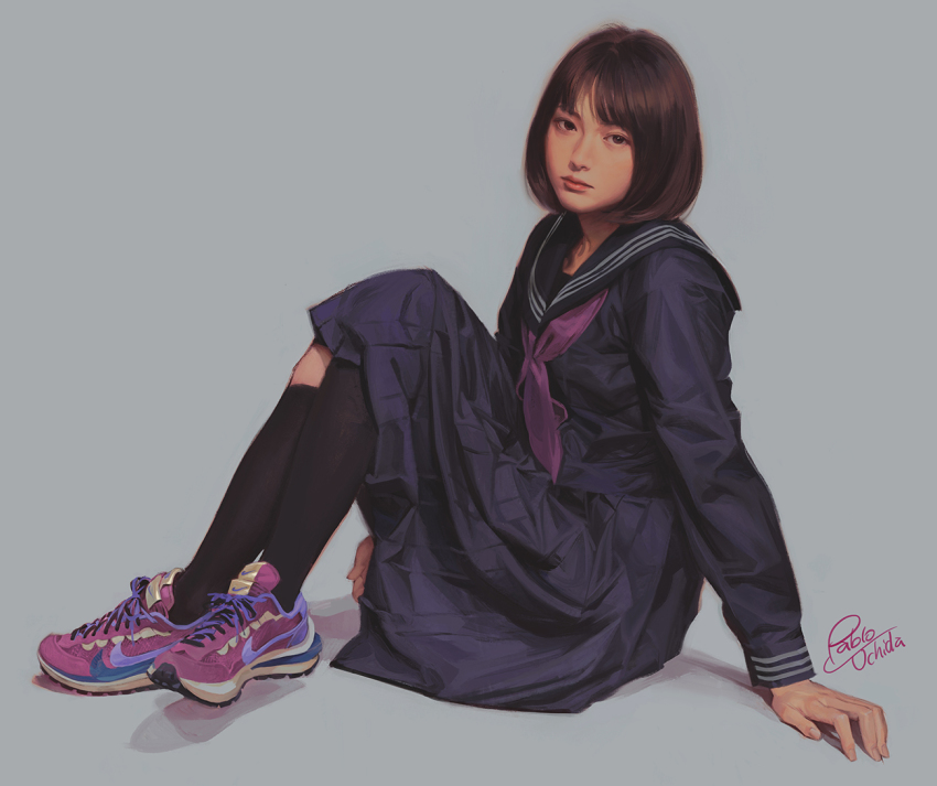 1girl, artist_name, blue_skirt, brown_eyes, brown_hair, crossed_legs, east_asian, eyebrows_hidden_by_hair