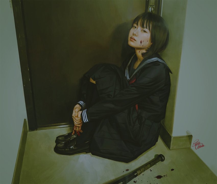 1girl, artist_name, baseball_bat, black_hair, black_pantyhose, black_shoes, blood, blood_on_face, blood_on_hands, blue_serafuku, blue_skirt, brown_eyes, curled_up, door, east_asian, highres, neckerchief, pablo_uchida, pantyhose, parted_lips, real_life, realistic, red_neckerchief, sailor_collar, school_uniform, serafuku, shoes, signature, sitting, skirt, solo, tsubasa_hazuki