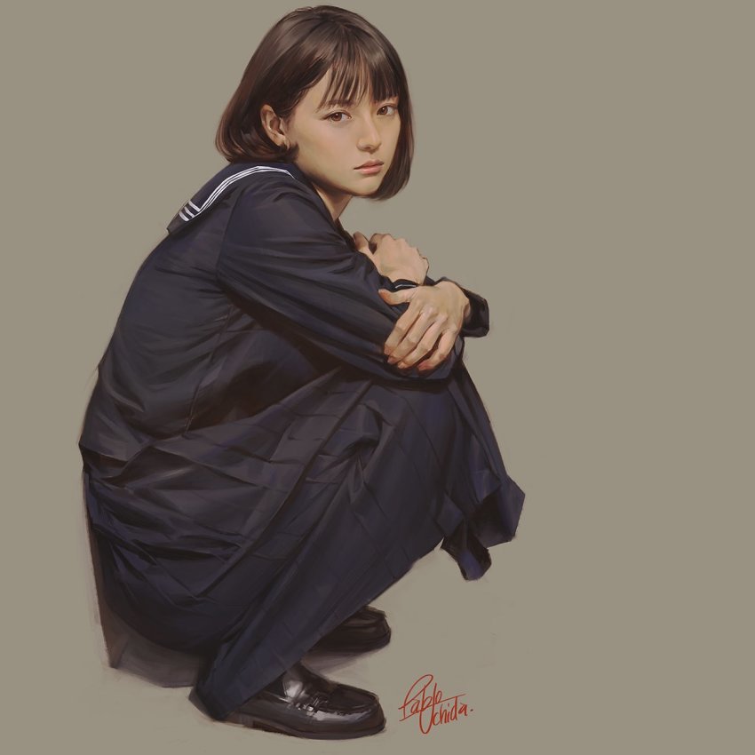 artist_name, black_shoes, blue_serafuku, blue_skirt, brown_eyes, brown_hair, crossed_arms, east_asian, grey_background, hair_behind_ear, highres, looking_at_viewer, nose, pablo_uchida, real_life, realistic, sailor_collar, school_uniform, serafuku, shoes, signature, skirt, solo, squatting, tsubasa_hazuki