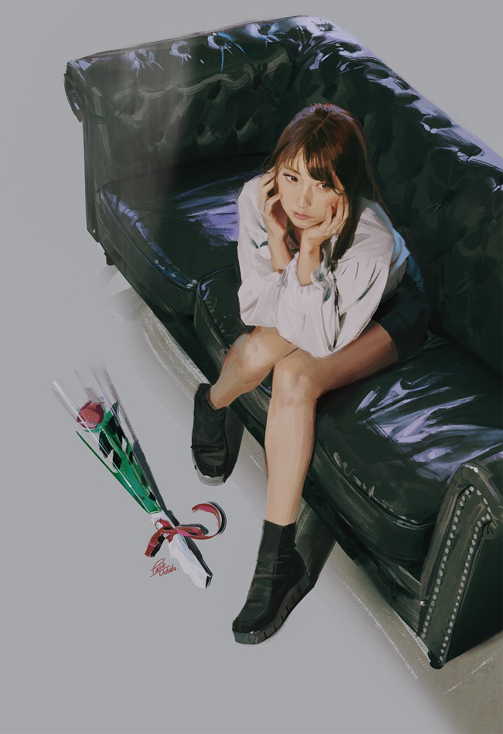 1girl, black_shorts, brown_eyes, brown_hair, couch, east_asian, eyebrows_hidden_by_hair, flower, from_above, grey_shirt, hands_on_own_face, highres, looking_to_the_side, minase_chika, pablo_uchida, real_life, realistic, red_flower, red_rose, rose, shirt, shirt_tucked_in, shorts, sitting, solo