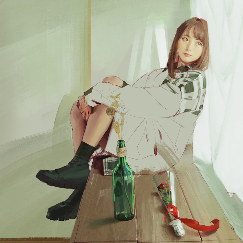 1girl, black_eyes, bottle, brown_hair, curled_up, curtains, east_asian, flower, grey_sweater, highres, light_blush, looking_to_the_side, minase_chika, pablo_uchida, real_life, realistic, red_flower, short_hair, sitting, sketch, solo, sweater, window
