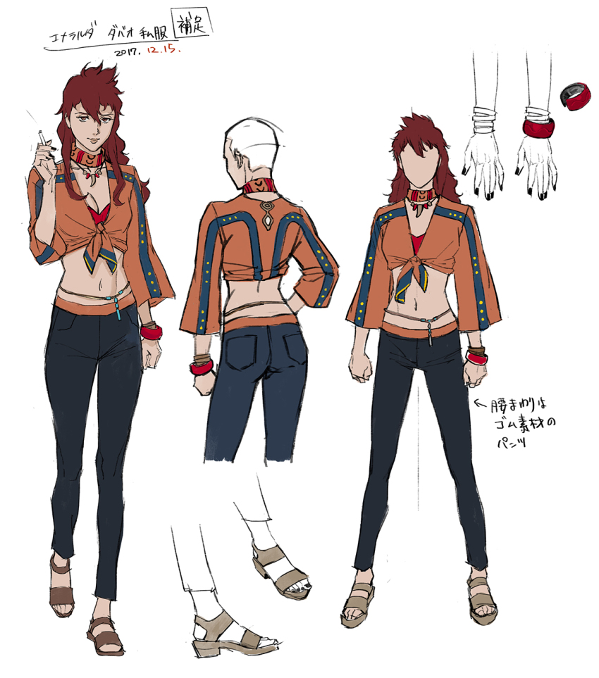 1girl, ass, beige_footwear, black_pants, bracelet, breasts, reference_sheet, cigarette, cleavage, clenched_hand, dated, emerelda_zubin, faceless, faceless_female, gundam, gundam:_hathaway's_flash, hair_between_eyes, high_heels, highres, holding, holding_cigarette, jewelry, long_hair, looking_at_viewer, medium_breasts, multiple_views, official_art, open_hand, orange_eyes, orange_shirt, pablo_uchida, pants, production_art, red_hair, shirt, tied_shirt