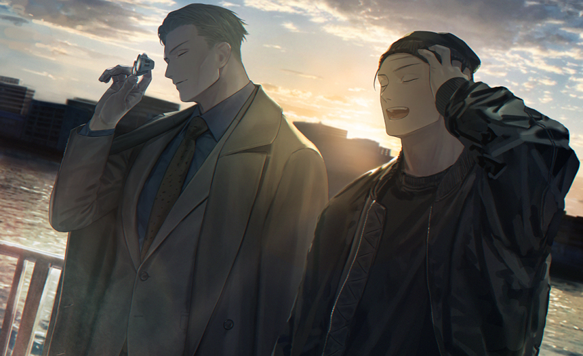 2boys, ^_^, arm_up, bad_id, bad_pixiv_id, beanie, black_hair, black_jacket