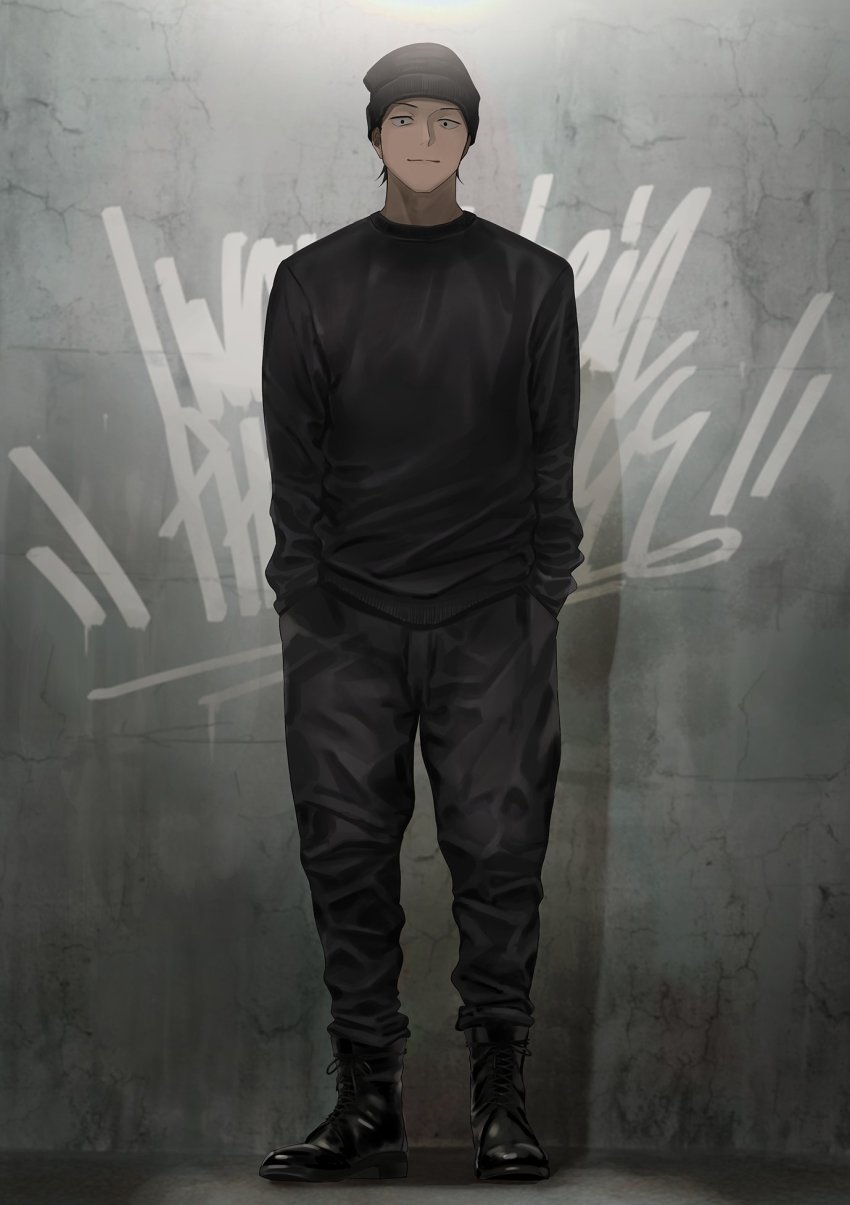 1boy, bad_id, bad_pixiv_id, beanie, black_boots, black_eyes, black_hair, black_pants