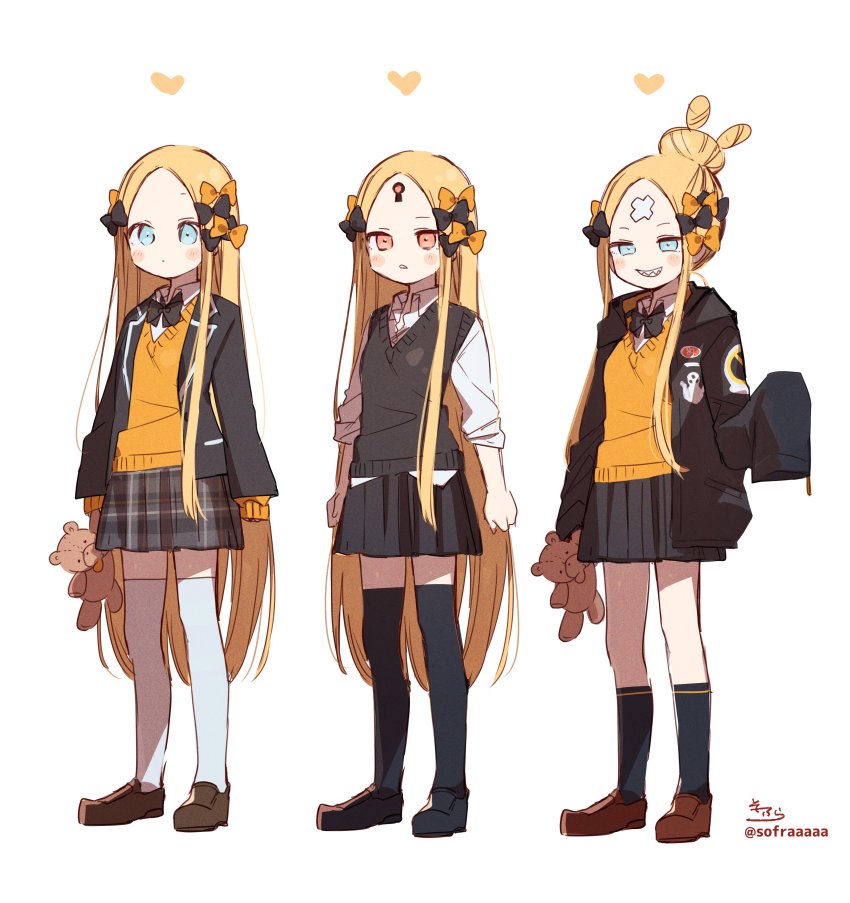 1girl, abigail_williams_(fate), absurdres, black_bow, black_footwear, black_jacket, black_skirt, black_socks