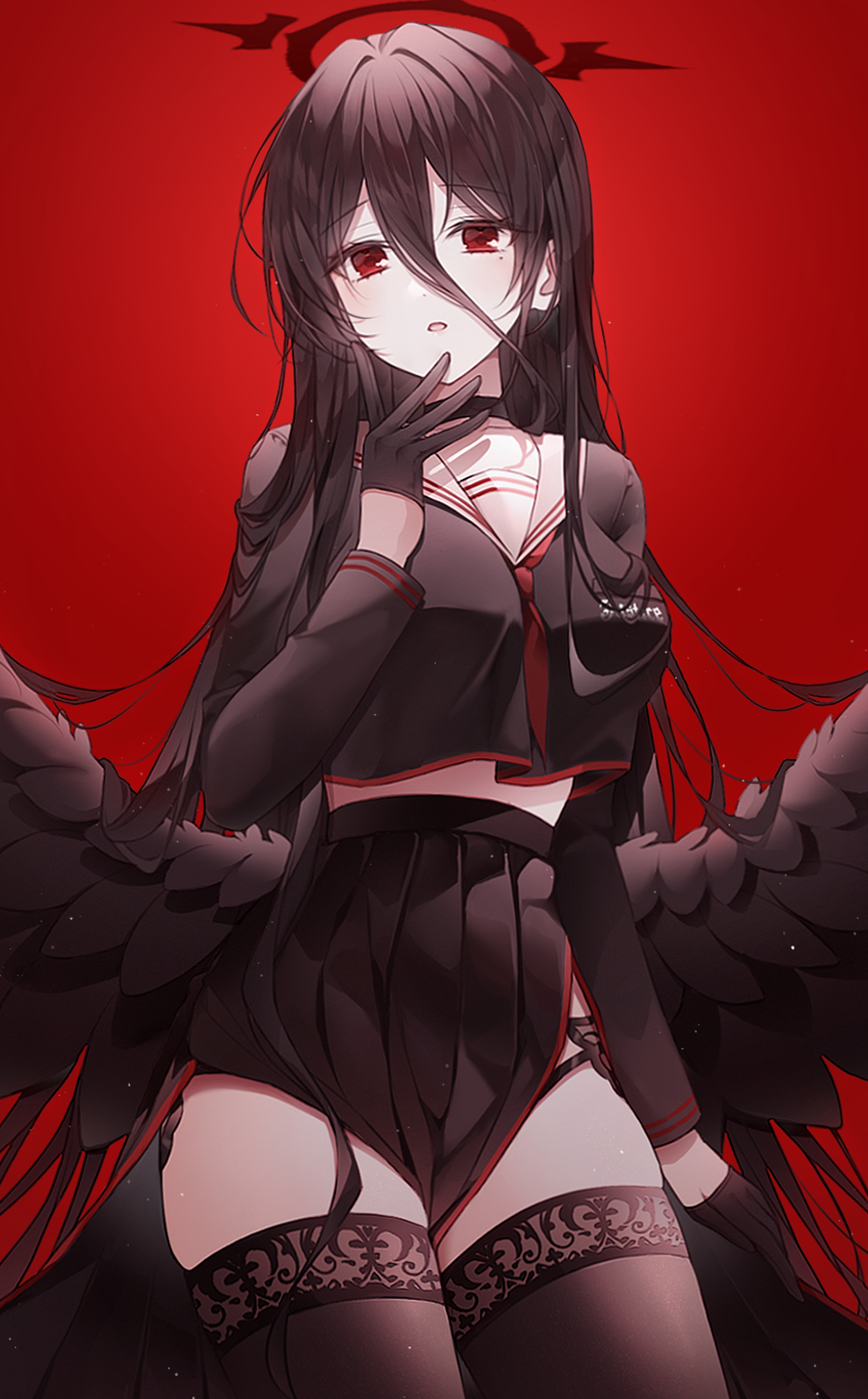 1girl, black_choker, black_gloves, black_hair, black_serafuku, black_shirt, black_skirt, black_thighhighs