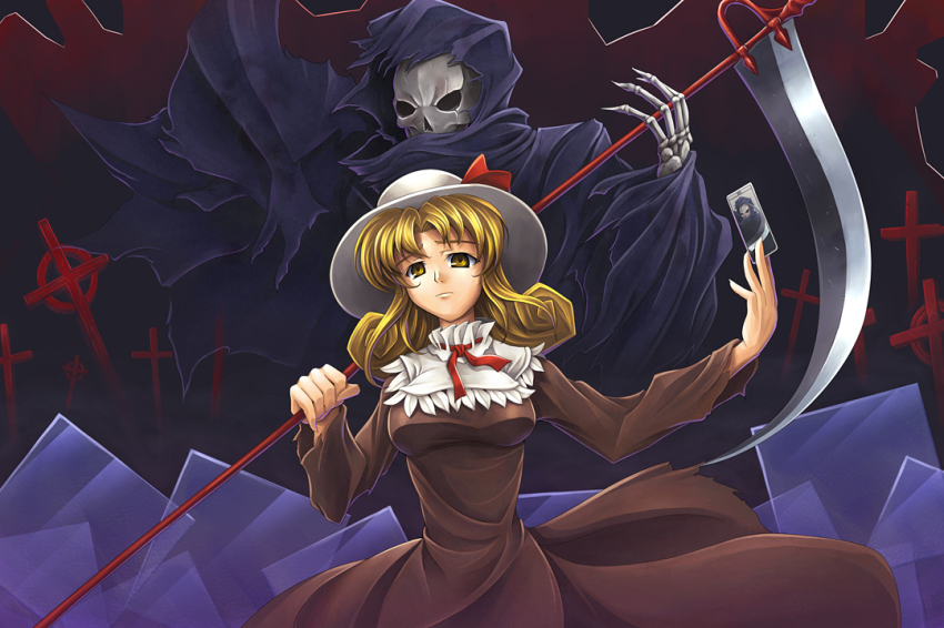 1girl, blonde_hair, card, cross, death_(entity), elly_(touhou), female_focus, grim_reaper