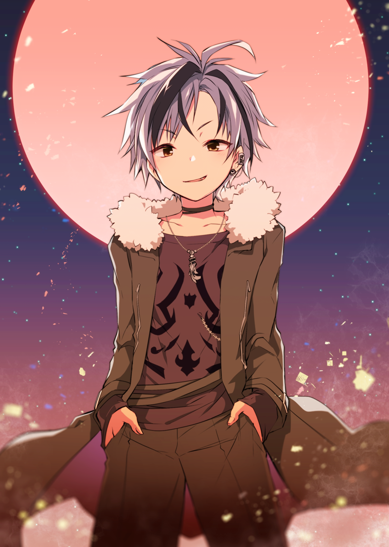 1boy, black_choker, black_hair, black_jacket, black_pants, brown_eyes, choker, collarbone