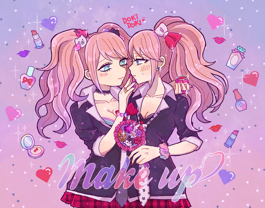 alternate_costume, bear_hair_ornament, black_bra, black_choker, blonde_hair, blue_bra, blue_eyes, blush