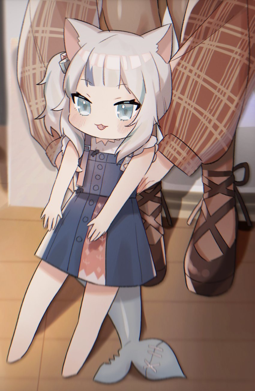 2girls, 852_box, :3, :d, animal_ears, bite_mark, blue_dress, blue_eyes