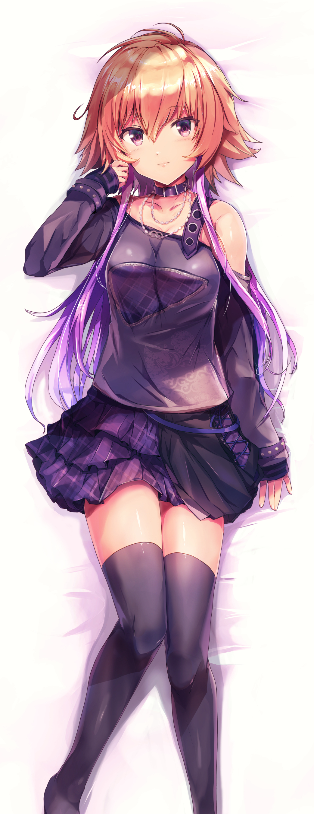 1girl, absurdres, black_thighhighs, brown_eyes, closed_mouth, collar, collarbone, dakimakura_(medium), hair_between_eyes, highres, idolmaster, idolmaster_cinderella_girls, idolmaster_cinderella_girls_starlight_stage, jewelry, kashi, layered_skirt, long_sleeves, looking_at_viewer, lying, miniskirt, multicolored_hair, necklace, ninomiya_asuka, off-shoulder_shirt, off_shoulder, on_back, orange_hair, plaid_clothes, plaid_skirt, pleated_skirt, purple_hair, purple_shirt, purple_skirt, shiny_clothes, shiny_legwear, shiny_skin, shirt, simple_background, skirt, solo, thighhighs, two-tone_hair, white_background, zettai_ryouiki