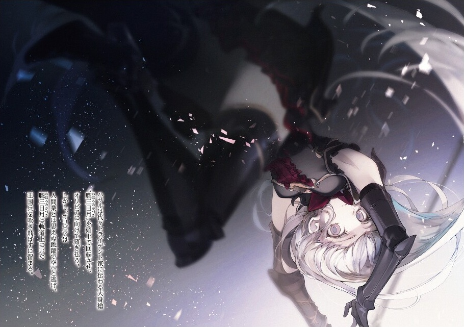 1girl, black_thighhighs, blurry, blurry_foreground, cierra_(ra-bit), floating_hair, gauntlets, grey_background