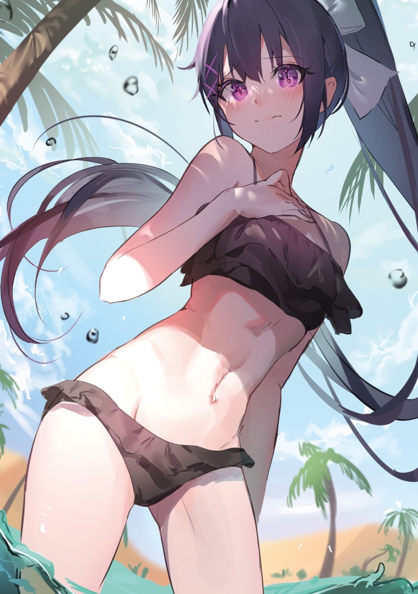1girl, bikini, black_bikini, black_hair, blue_sky, blush, bow, closed_mouth