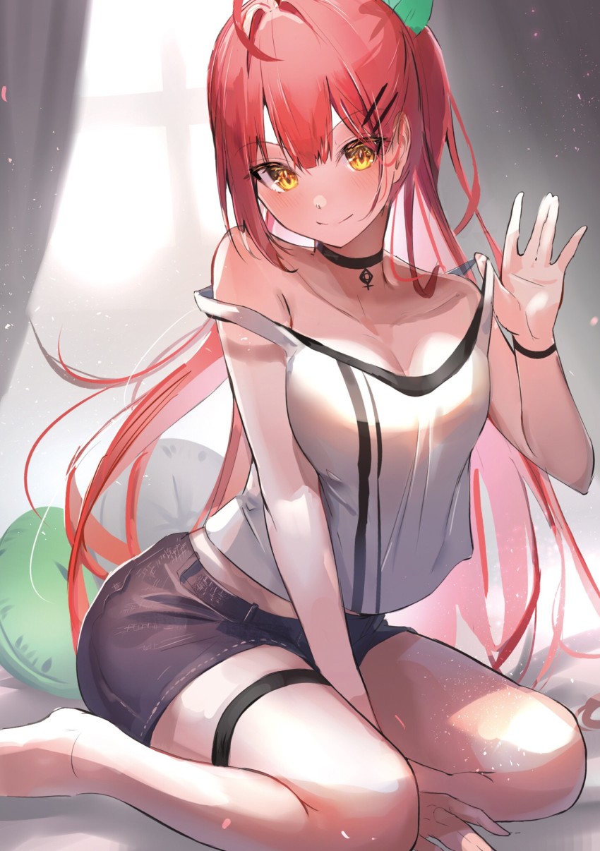 1girl, ahoge, between_legs, black_choker, black_shorts, breasts, choker, cleavage