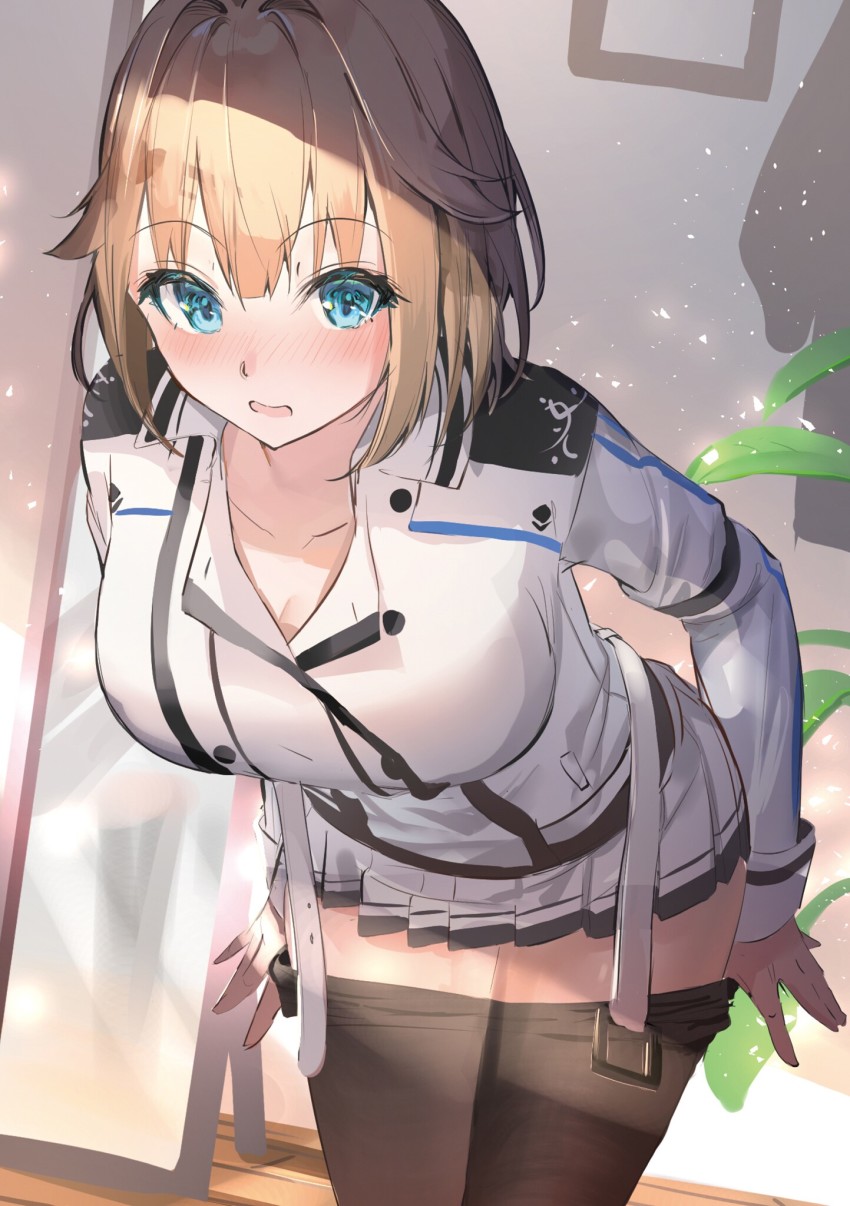 1girl, belt, black_pantyhose, blonde_hair, blue_eyes, blush, breasts, cleavage