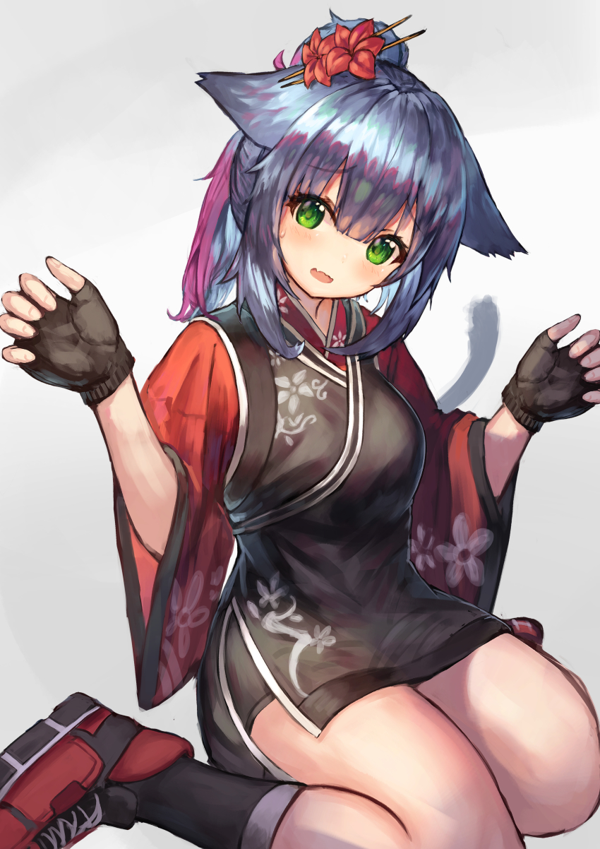 1girl, absurdres, animal_ears, arknights, black_socks, blue_hair, blush, cat_ears, cat_girl, cat_tail, china_dress, chinese_clothes, commentary_request, dark_blue_hair, dress, eyes_visible_through_hair, female_focus, fingerless_gloves, floral_print, gloves, green_eyes, grey_background, hair_ornament, highres, jessica_(arknights), jessica_(clivia)_(arknights), looking_at_viewer, official_alternate_costume, outstretched_hand, ponytail, red_shoes, shoes, short_dress, short_hair, side_slit, simple_background, socks, solo, sweatdrop, tail, taku57, thighs, wavy_mouth, wide_sleeves