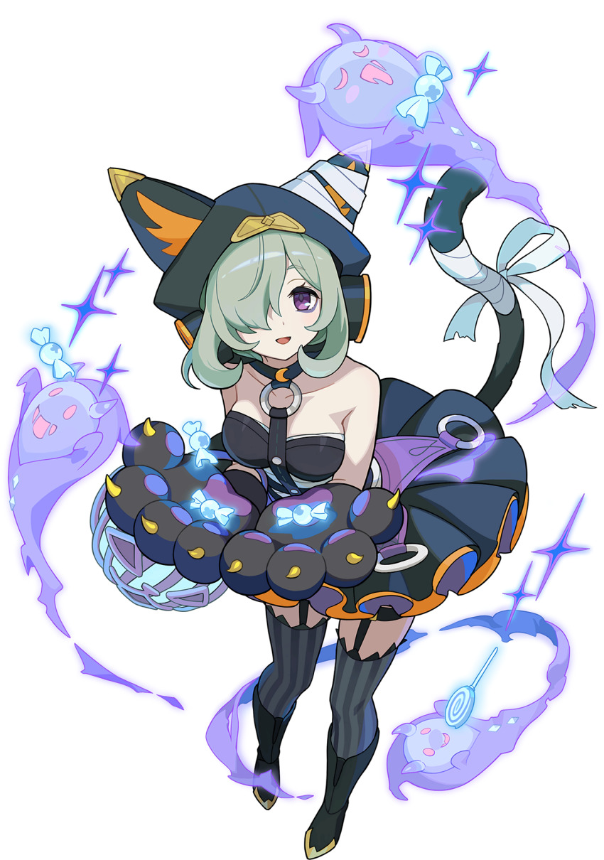 1girl, animal_ears, animal_hands, artist_request, bags_under_eyes, bandaged_tail, bare_shoulders, basket, black_footwear, black_gloves, black_skirt, black_thighhighs, blush, blush_stickers, boots, breasts, buttons, candy, cat_ears, cat_girl, cat_tail, closed_eyes, collarbone, crescent, detached_hood, fake_animal_ears, falsche_(world_flipper), fang, female_focus, food, frilled_skirt, frills, from_above, full_body, garter_straps, ghost, gloves, glowing, green_hair, hair_over_one_eye, halloween, halloween_bucket, halterneck, hands_up, happy, highres, holding, holding_basket, holding_food, hood, hood_up, horns, knee_boots, light_blush, lollipop, looking_at_viewer, looking_up, medium_breasts, miniskirt, non-web_source, official_art, open_mouth, paw_gloves, pink_eyes, purple_eyes, short_hair, sidelocks, skin_fang, skirt, smile, solo_focus, sparkle, striped_clothes, striped_thighhighs, tail, thigh_strap, thighhighs, transparent_background, tutu, vertical-striped_clothes, vertical-striped_thighhighs, world_flipper