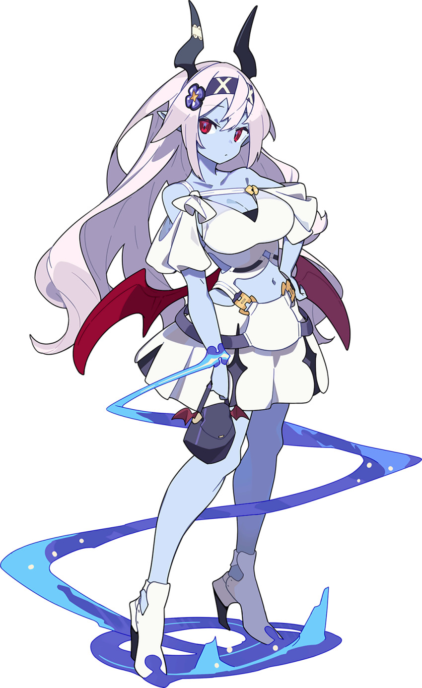 1girl, arly_(world_flipper), artist_request, aura, bag, bare_shoulders, blue_skin, breasts, cleavage, closed_mouth, clothing_cutout, collarbone, colored_skin, demon_girl, demon_wings, dress, female_focus, flower, full_body, hair_flower, hair_ornament, hairband, hairclip, hand_on_own_hip, handbag, high_heels, highres, holding, holding_bag, horns, large_breasts, long_hair, looking_at_viewer, low_wings, navel, non-web_source, official_art, pink_hair, pointy_ears, purple_hairband, red_eyes, red_wings, shoes, short_sleeves, side_cutout, sidelocks, simple_background, single_strap, solo, standing, stomach, stomach_cutout, transparent_background, very_long_hair, white_dress, white_shoes, wings, world_flipper, wristband