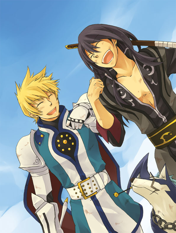 00s, 2boys, armor, black_hair, blonde_hair, blue_background, dog, flynn_scifo