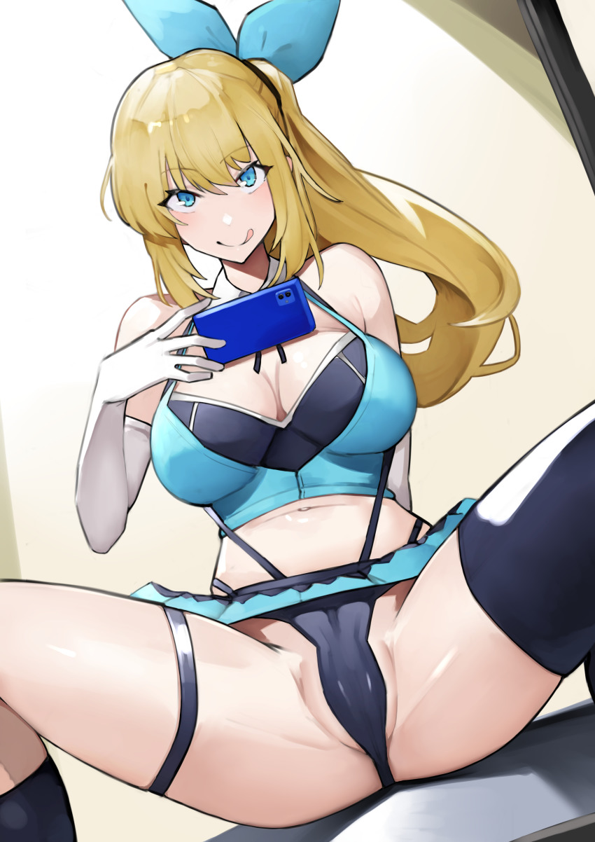 1girl, absurdres, bare_shoulders, blonde_hair, blue_eyes, breasts, highres, large_breasts, looking_at_viewer, microskirt, midriff, mirai_akari, mirai_akari_project, mirror_selfie, navel, panties, phone, ponytail, seino_(sasakike1305), selfie, single_thighhigh, sitting, skirt, sleeveless, smile, solo, spread_legs, thighhighs, tongue, tongue_out, underwear, virtual_youtuber