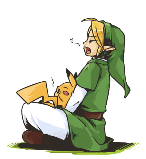 1boy, ayu_(ponzu), blonde_hair, bored, earrings, gen_1_pokemon, hat, jewelry, link, nintendo, pikachu, pointy_ears, pokemon, pokemon_(creature), super_smash_bros., the_legend_of_zelda, yawning