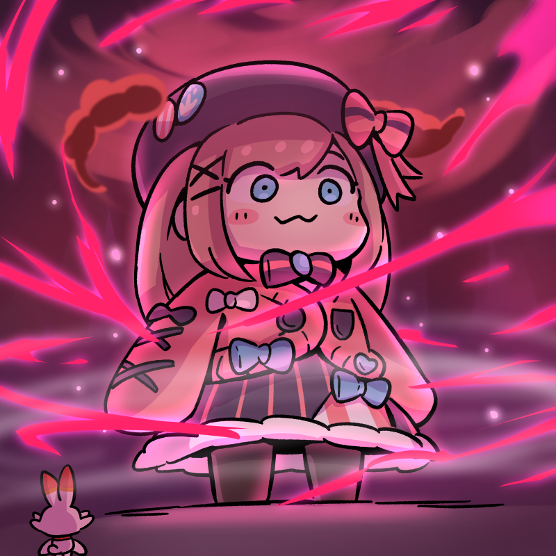 1girl, 1other, :3, beret, black_legwear, blue_eyes, bow, bowtie, brooch, cardigan, cloud, commentary_request, crossover, dynamax, fur_trim, gen_8_pokemon, hair_ornament, hat, hat_ribbon, jewelry, long_hair, long_sleeves, nijisanji, nintendo, pink_cardigan, pokemon, pokemon_(creature), pokemon_sword_and_shield, pongari, ribbon, scorbunny, skirt, striped_bow, striped_clothes, striped_skirt, suzuhara_lulu, swept_bangs, virtual_youtuber, x_hair_ornament