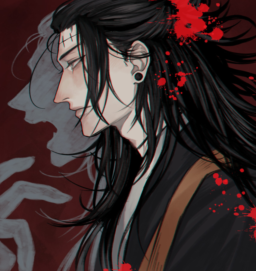 1boy, absurdres, bad_id, bad_pixiv_id, black_hair, black_kimono, closed_mouth, ear_piercing