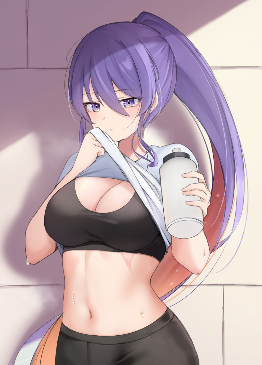 1girl, alternate_costume, aura_(aurapls), black_bra, black_pants, bottle, bra, breasts