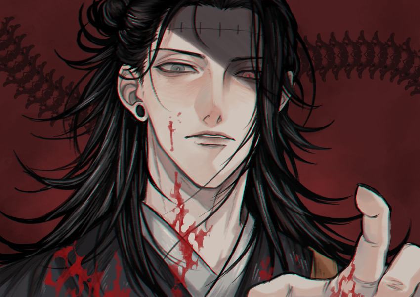 1boy, absurdres, bad_id, bad_pixiv_id, black_hair, black_kimono, blood, blood_on_clothes, blood_on_face, blood_on_hands, ear_piercing, geto_suguru, grey_eyes, hand_up, highres, japanese_clothes, jennyandloiryan, jujutsu_kaisen, kimono, long_hair, looking_at_viewer, male_focus, parted_lips, piercing, portrait, red_background, red_eyes, solo, stitches