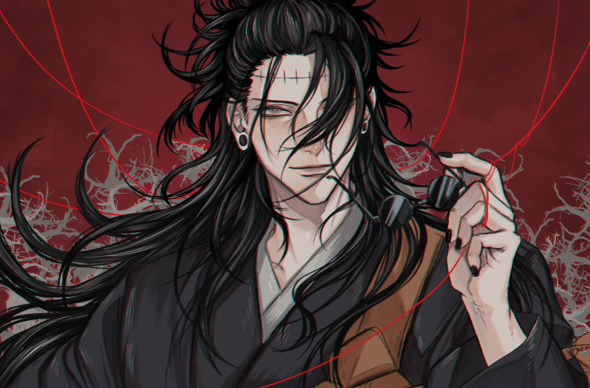 1boy, absurdres, bad_id, bad_pixiv_id, black_hair, black_kimono, black_nails, closed_mouth