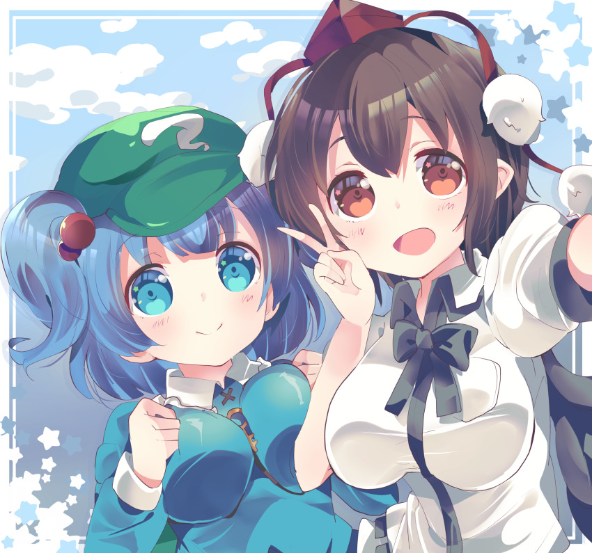2girls, :d, blue_eyes, blue_hair, breasts, brown_eyes, brown_hair, cloud